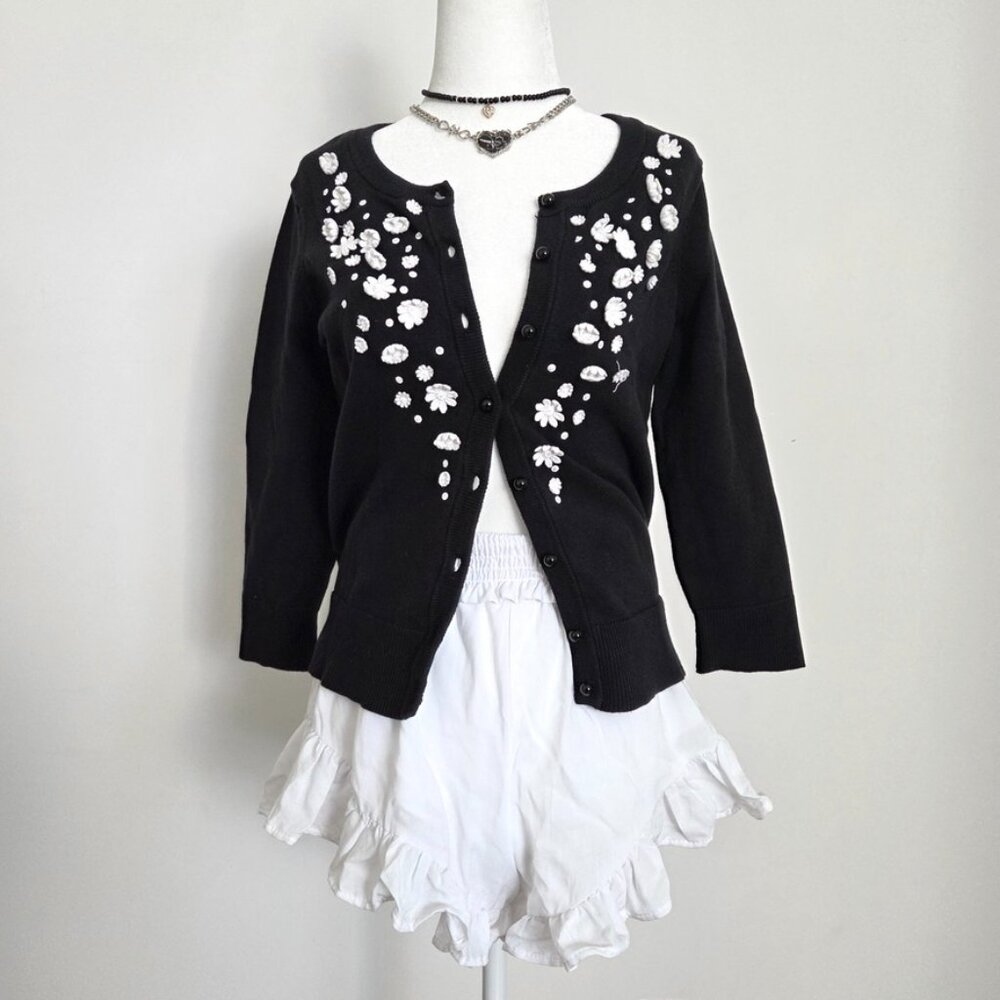 Charter Club Black Embroidered Floral Cardigan Sz P Whimsigoth Y2K Dark Cottage